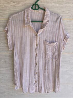 Tan and White Striped Button-Up Shirt